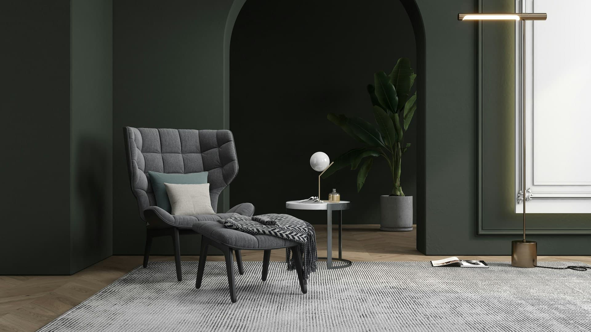 Living room styled with a deep green interior wall paint finish
